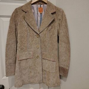John Carlisle Embossed Tan Suede Leather Women L Western Blazer Longline Button